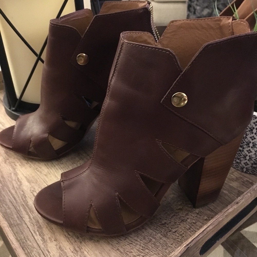 Brown Leather Peep Toe Booties